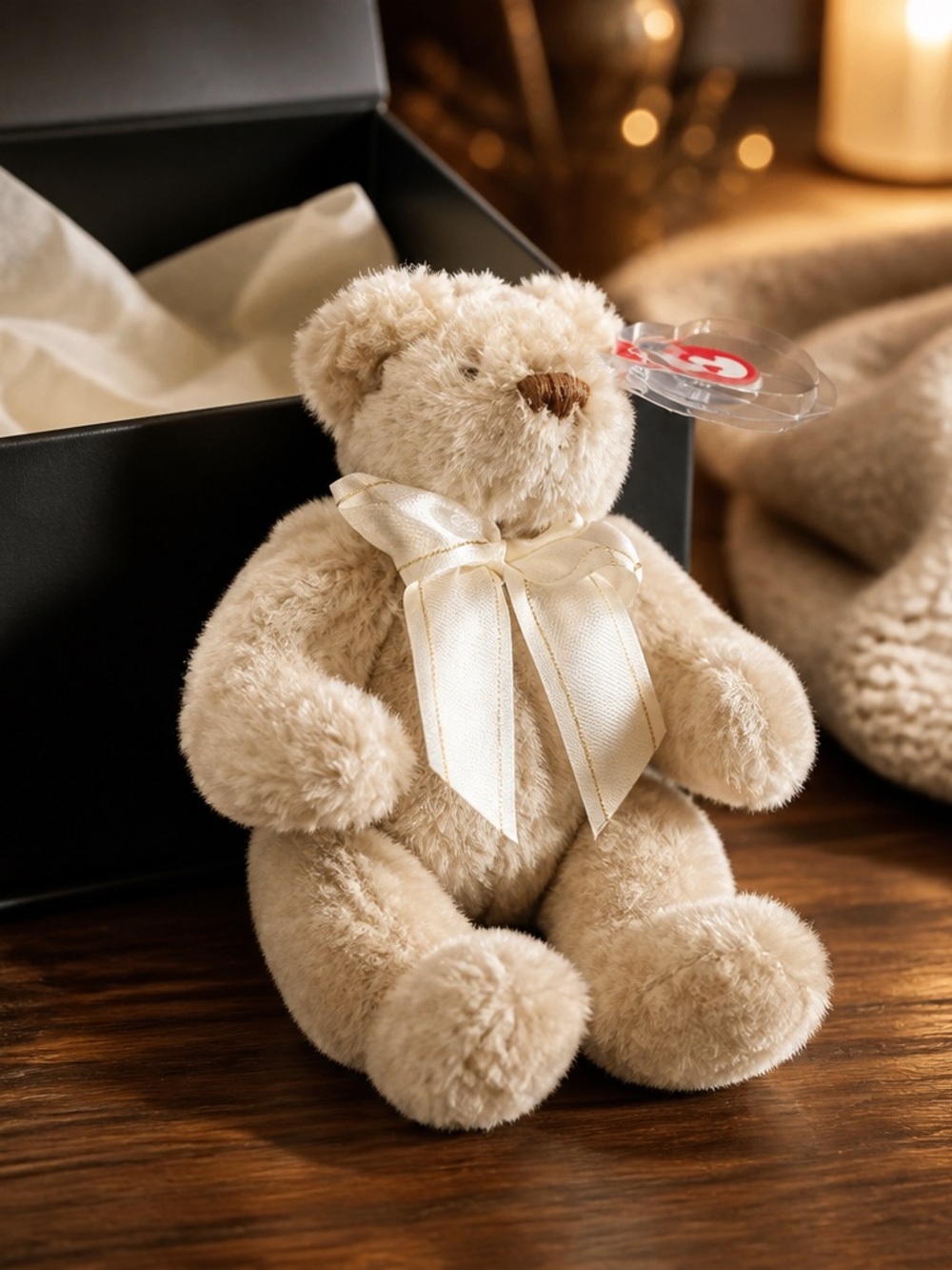 TY Cream Plush Teddy Bear with Satin Bow